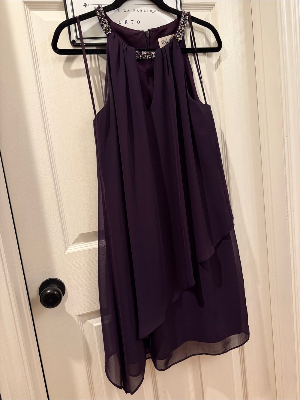 Eliza J Purple Chiffon Embellished Halter Dress Asymmetric Tiered - size 8